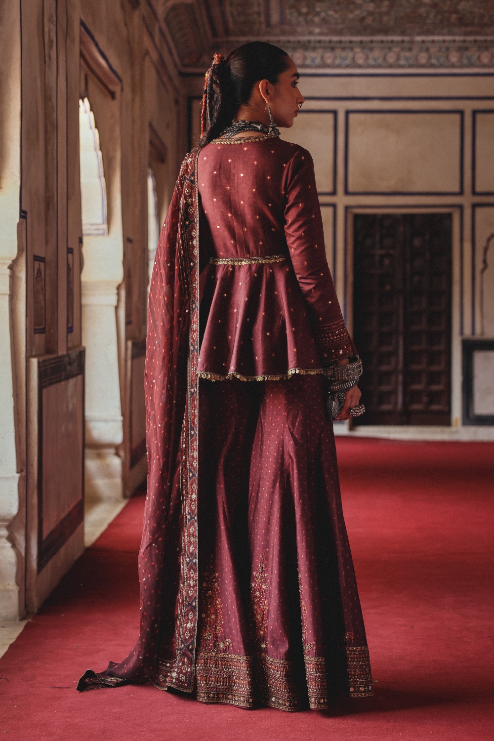 Deep Maroon Peplum Sharara Set with Antique Gold Embroidery and Heritage Border Dupatta