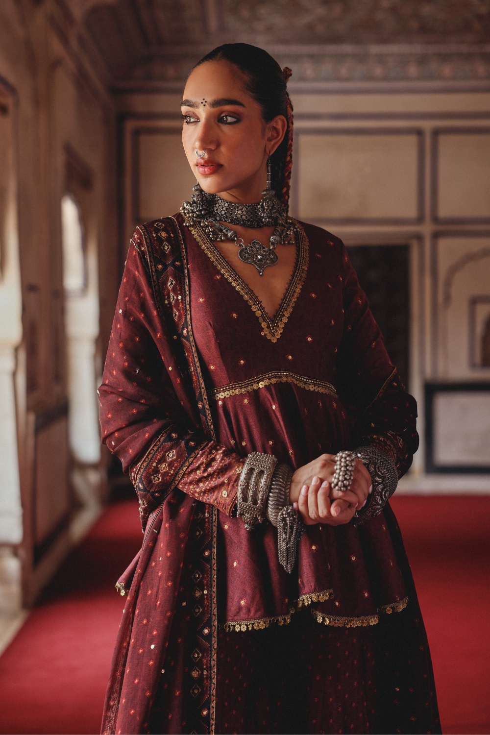 Deep Maroon Peplum Sharara Set with Antique Gold Embroidery and Heritage Border Dupatta