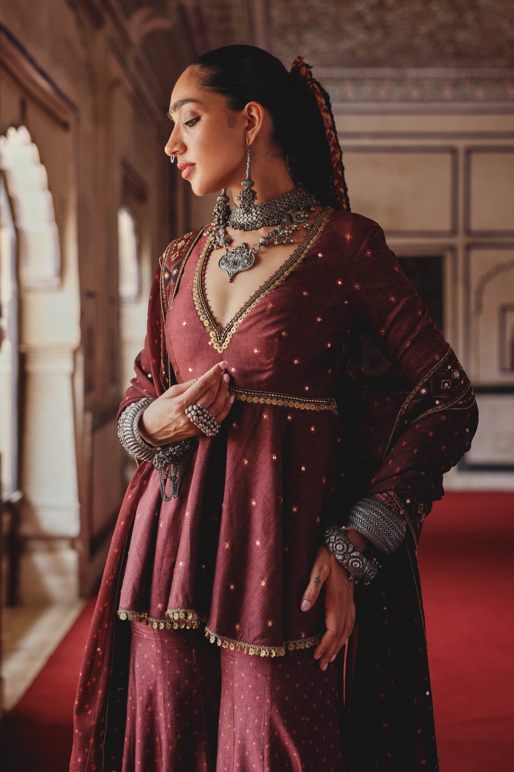 Deep Maroon Peplum Sharara Set with Antique Gold Embroidery and Heritage Border Dupatta