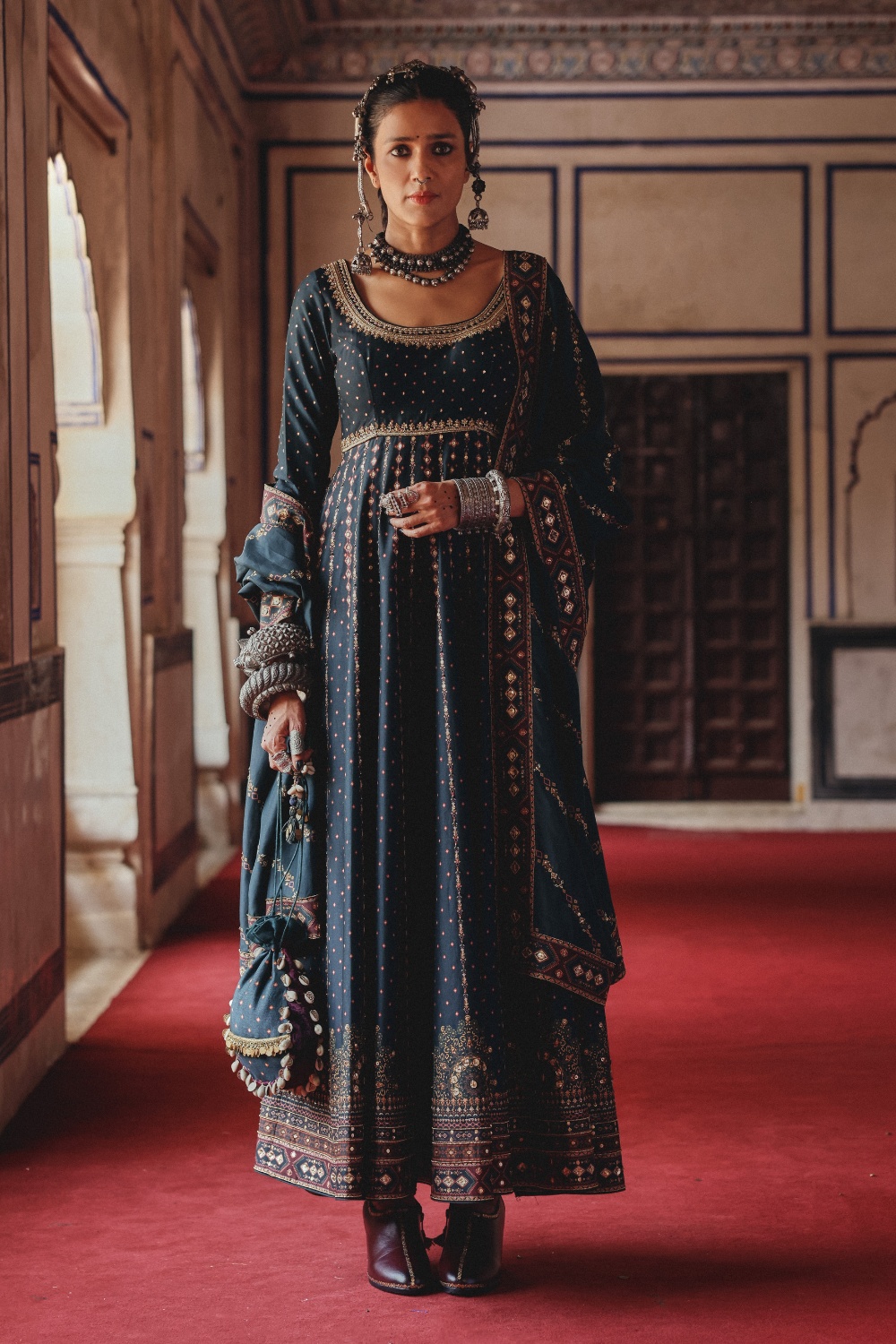 Deep Teal Anarkali with Antique Gold Embroidery and Heritage Border Dupatta