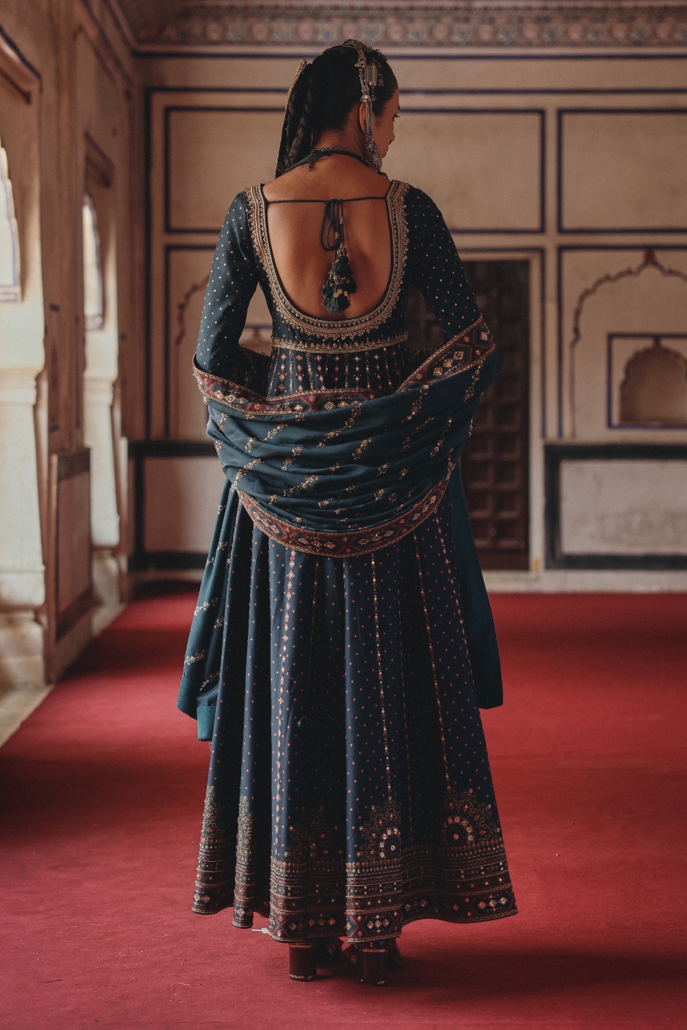 Deep Teal Anarkali with Antique Gold Embroidery and Heritage Border Dupatta