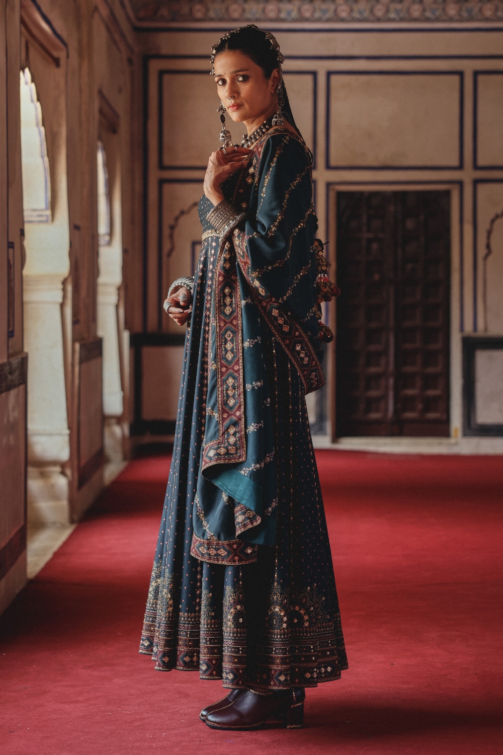 Deep Teal Anarkali with Antique Gold Embroidery and Heritage Border Dupatta