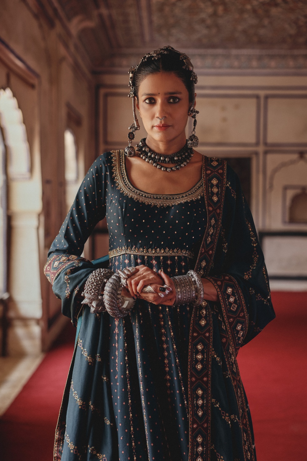 Deep Teal Anarkali with Antique Gold Embroidery and Heritage Border Dupatta