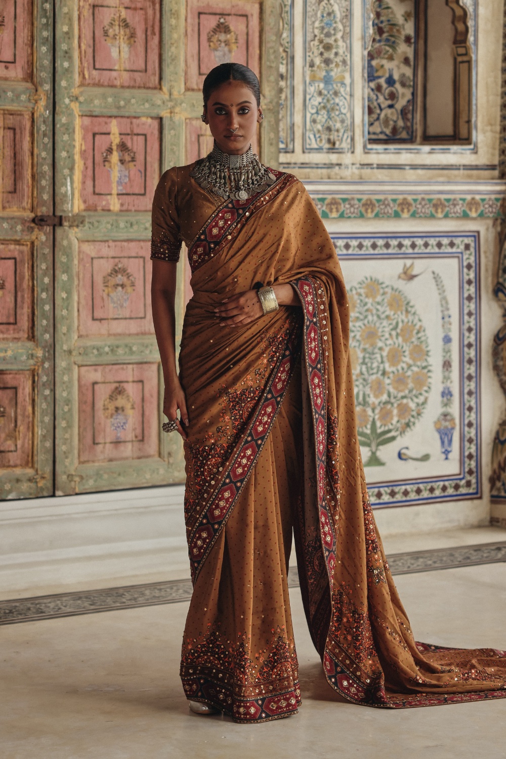 Camel Brown Sari with Antique Gold Embroidery and Heritage Border Detailing