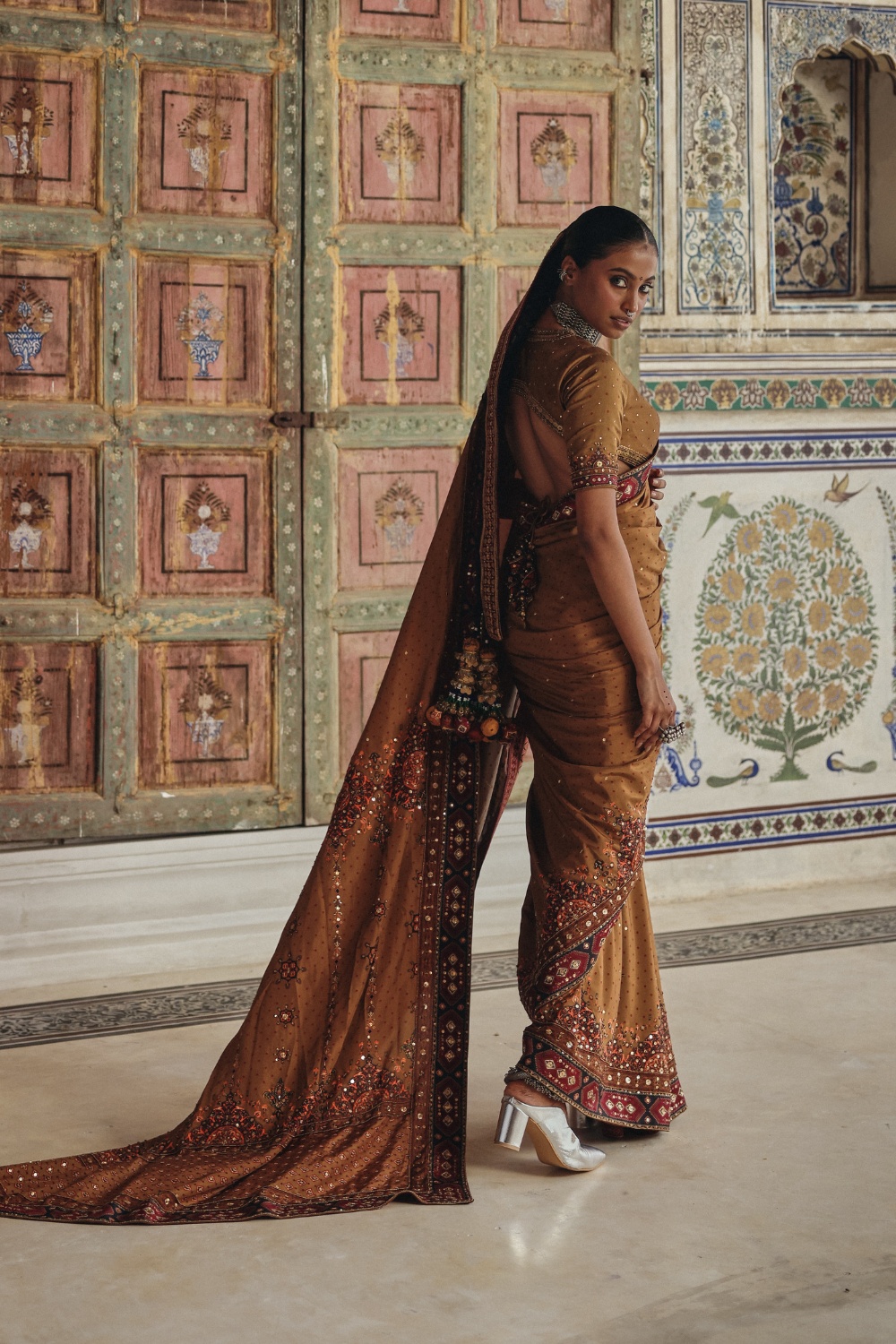 Camel Brown Sari with Antique Gold Embroidery and Heritage Border Detailing