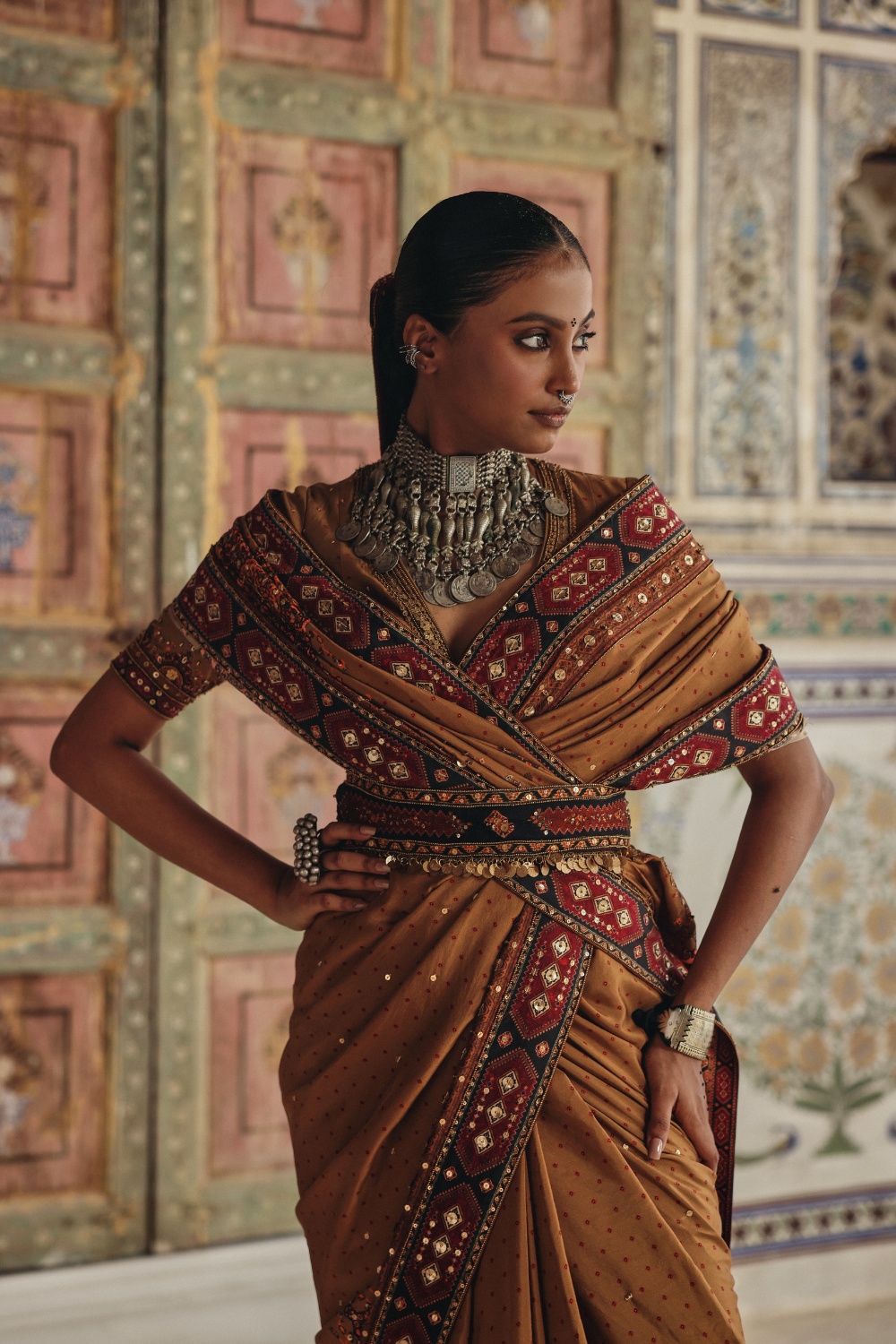 Camel Brown Sari with Antique Gold Embroidery and Heritage Border Detailing