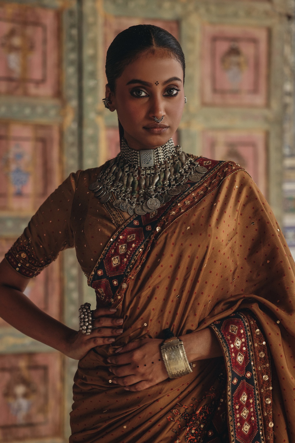 Camel Brown Sari with Antique Gold Embroidery and Heritage Border Detailing