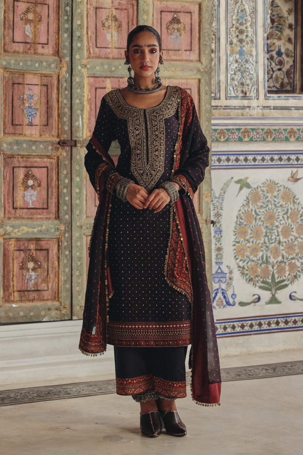Deep Brown Kurta Set with Antique Gold Embroidered Yoke and Heritage Border Dupatta