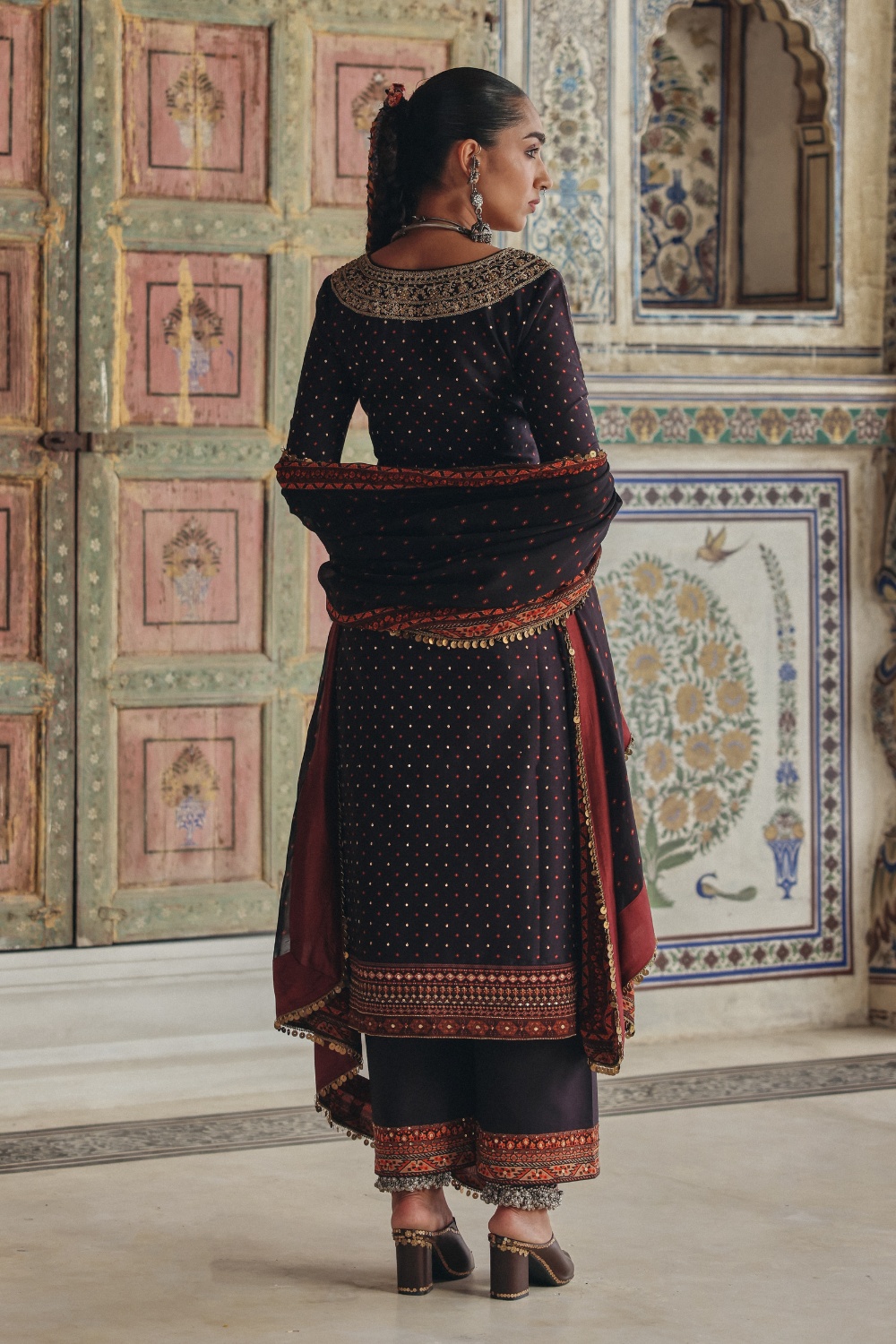 Deep Brown Kurta Set with Antique Gold Embroidered Yoke and Heritage Border Dupatta