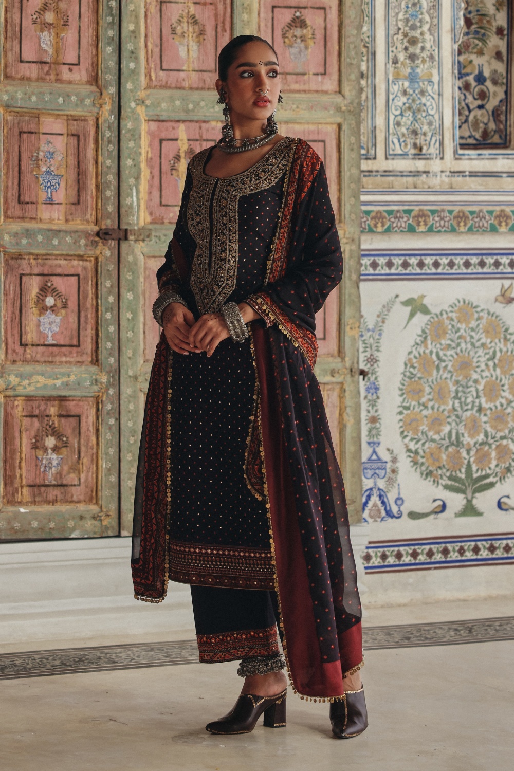 Deep Brown Kurta Set with Antique Gold Embroidered Yoke and Heritage Border Dupatta