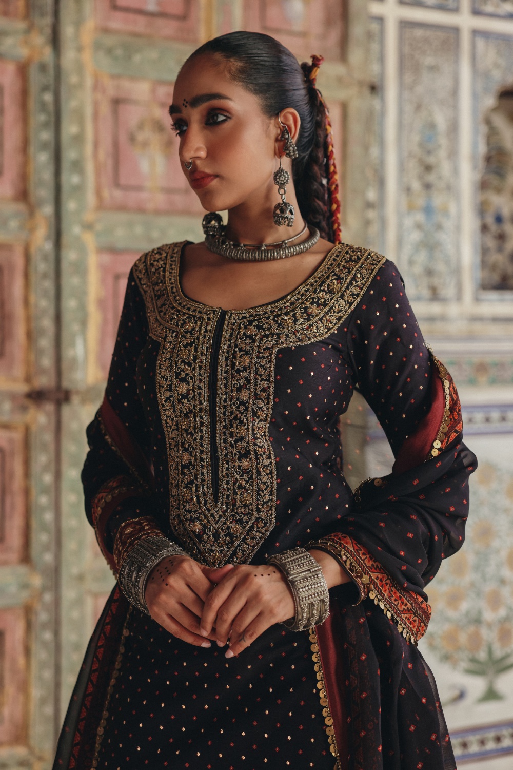 Deep Brown Kurta Set with Antique Gold Embroidered Yoke and Heritage Border Dupatta