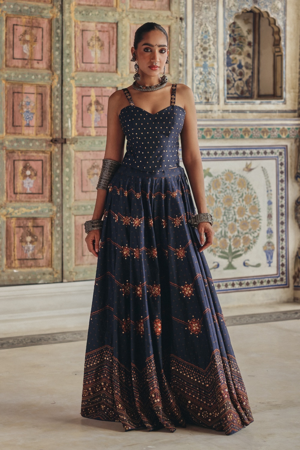 Midnight Blue Sharara Set with Antique Gold Motifs and Heritage Border Embroidery