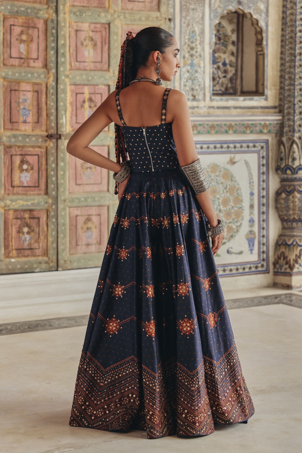 Midnight Blue Sharara Set with Antique Gold Motifs and Heritage Border Embroidery