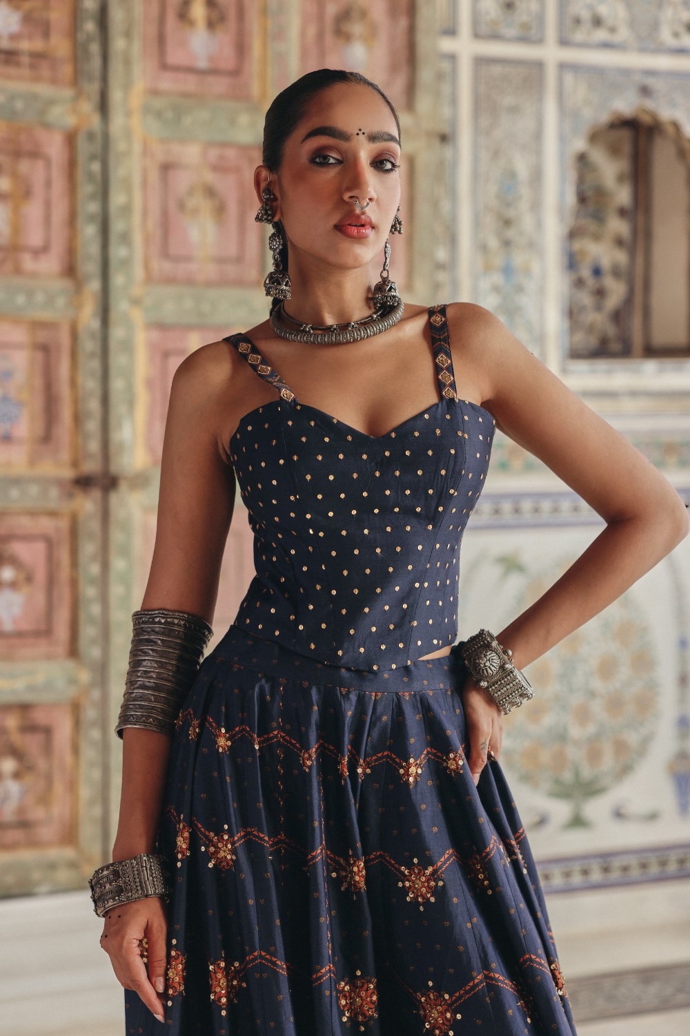 Midnight Blue Sharara Set with Antique Gold Motifs and Heritage Border Embroidery