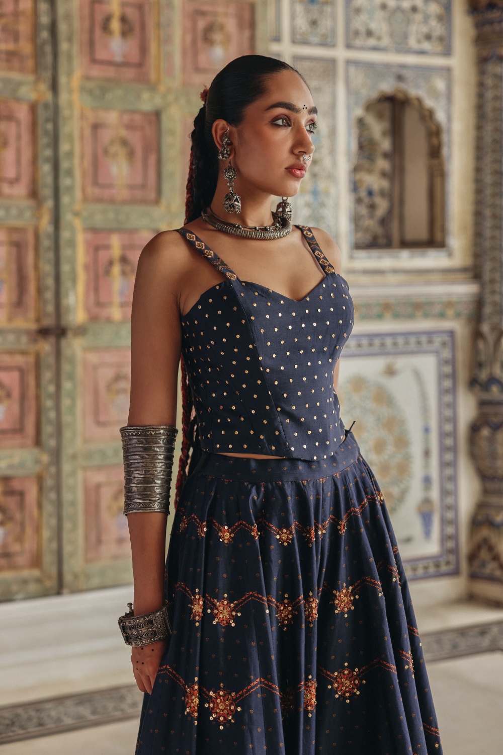 Midnight Blue Sharara Set with Antique Gold Motifs and Heritage Border Embroidery