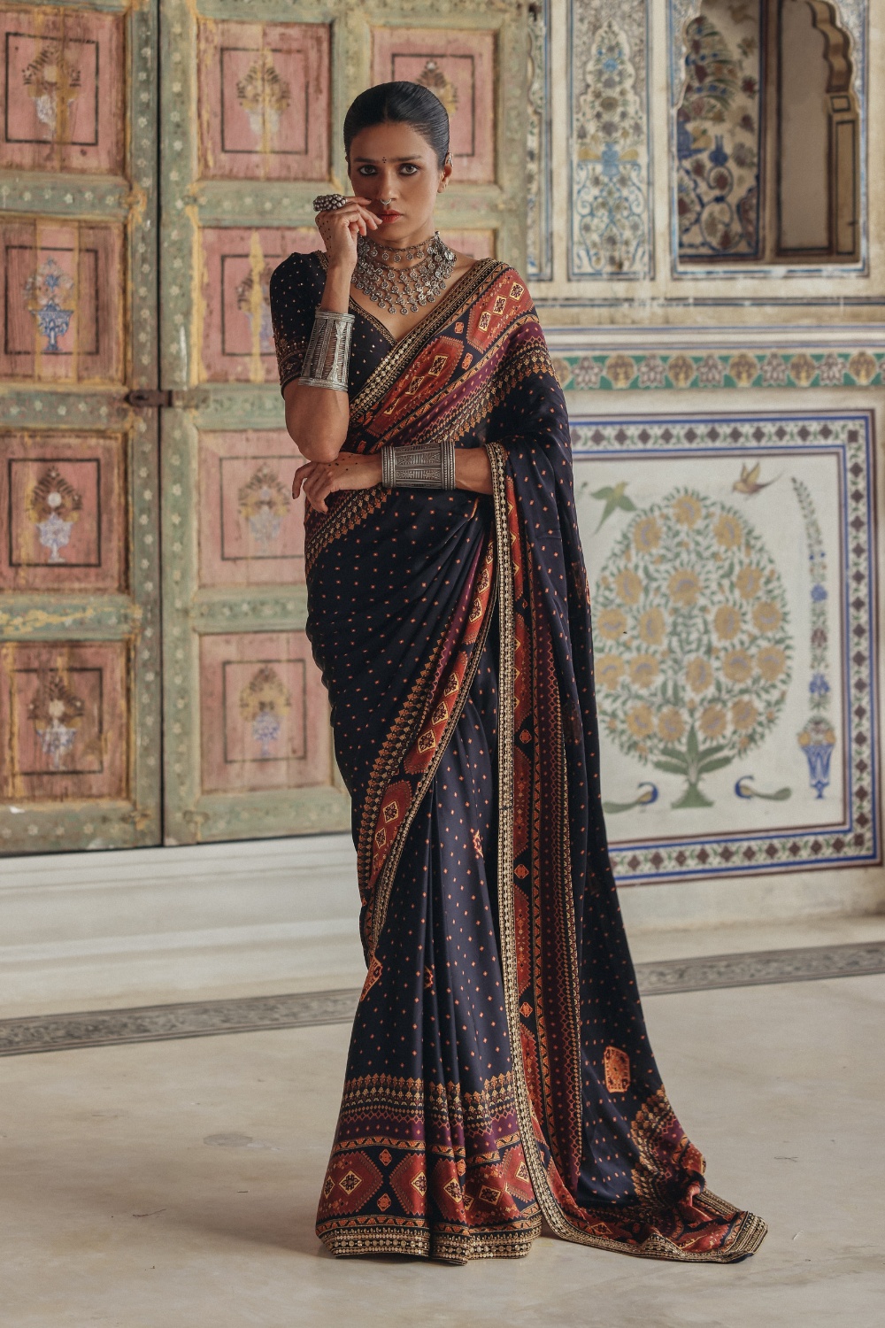Midnight Blue Sari with Antique Gold Motifs and Heritage Geometric Border
