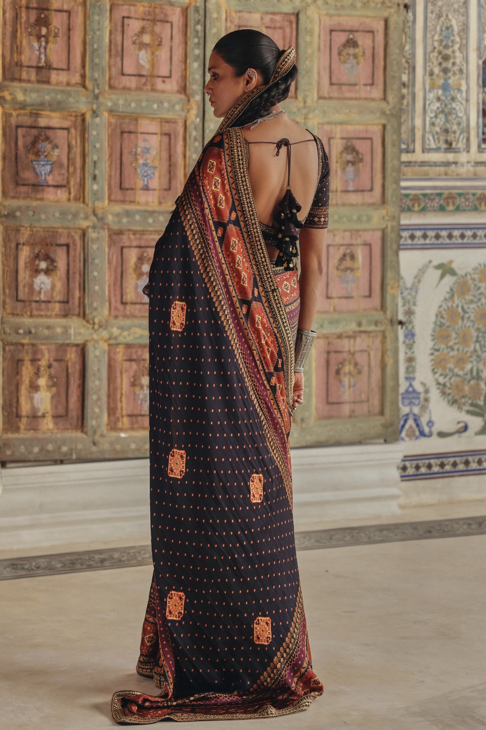 Midnight Blue Sari with Antique Gold Motifs and Heritage Geometric Border