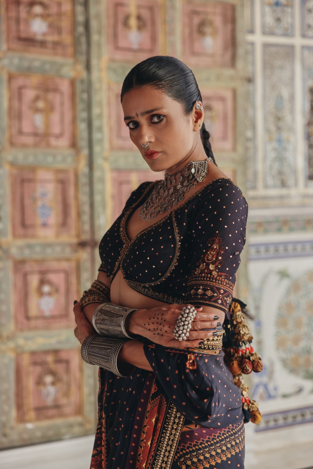Midnight Blue Sari with Antique Gold Motifs and Heritage Geometric Border