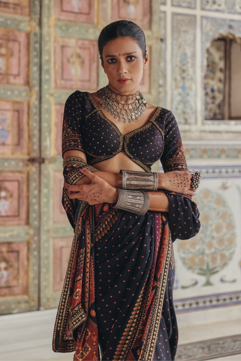 Midnight Blue Sari with Antique Gold Motifs and Heritage Geometric Border
