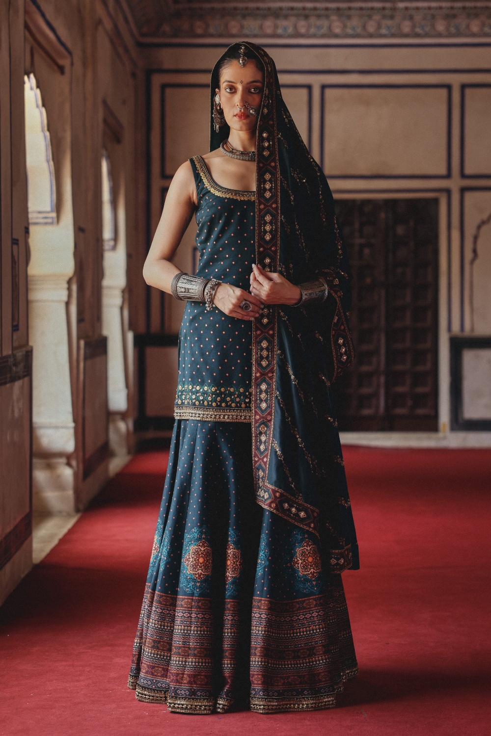 Deep Teal Gharara Set with Antique Gold Motifs and Heritage Border Dupatta