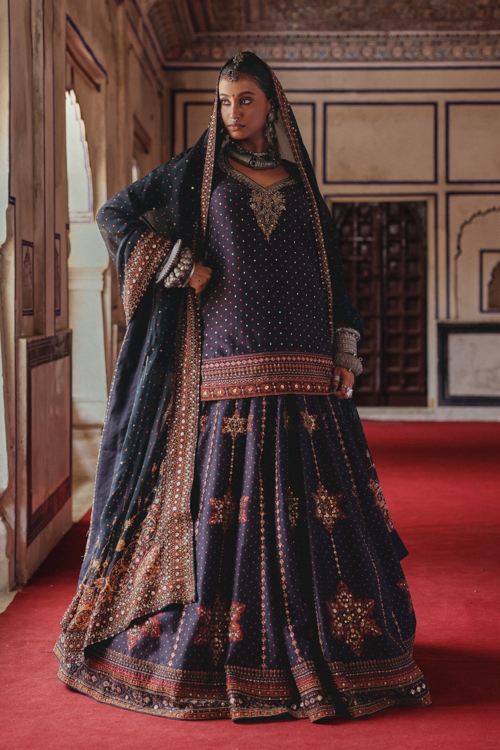 Midnight Indigo Gharara Set with Antique Gold Floral Embellishment