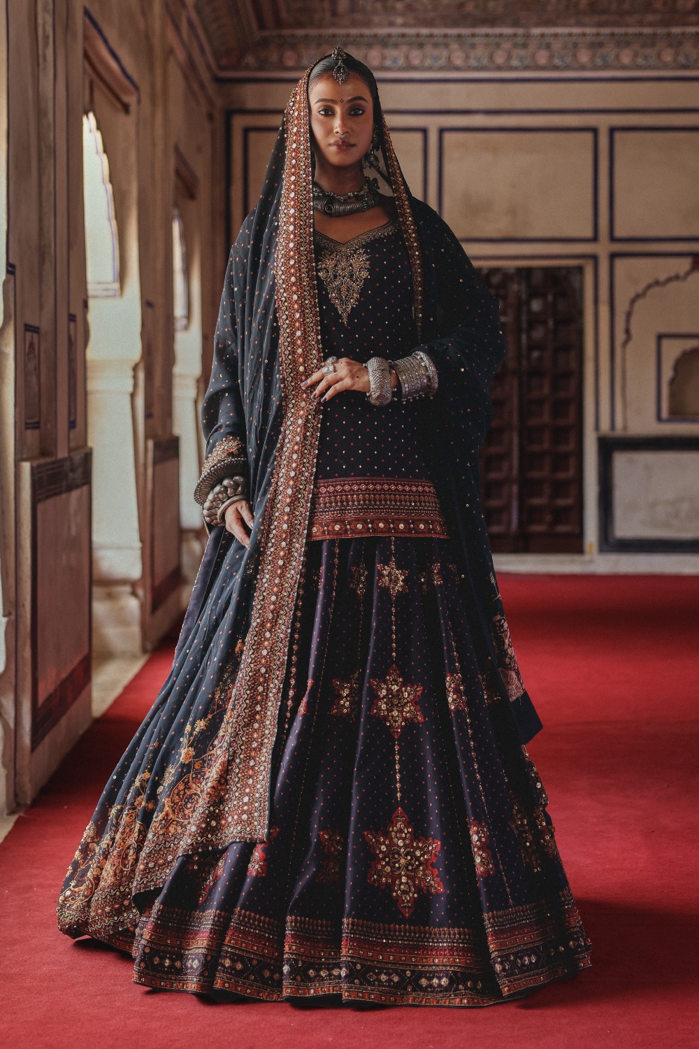 Midnight Indigo Gharara Set with Antique Gold Floral Embellishment