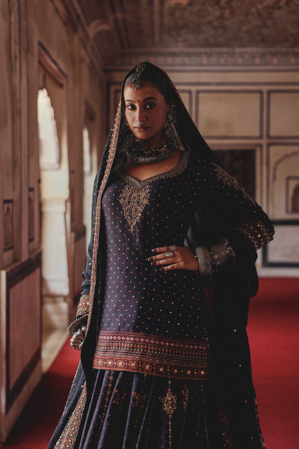 Midnight Indigo Gharara Set with Antique Gold Floral Embellishment
