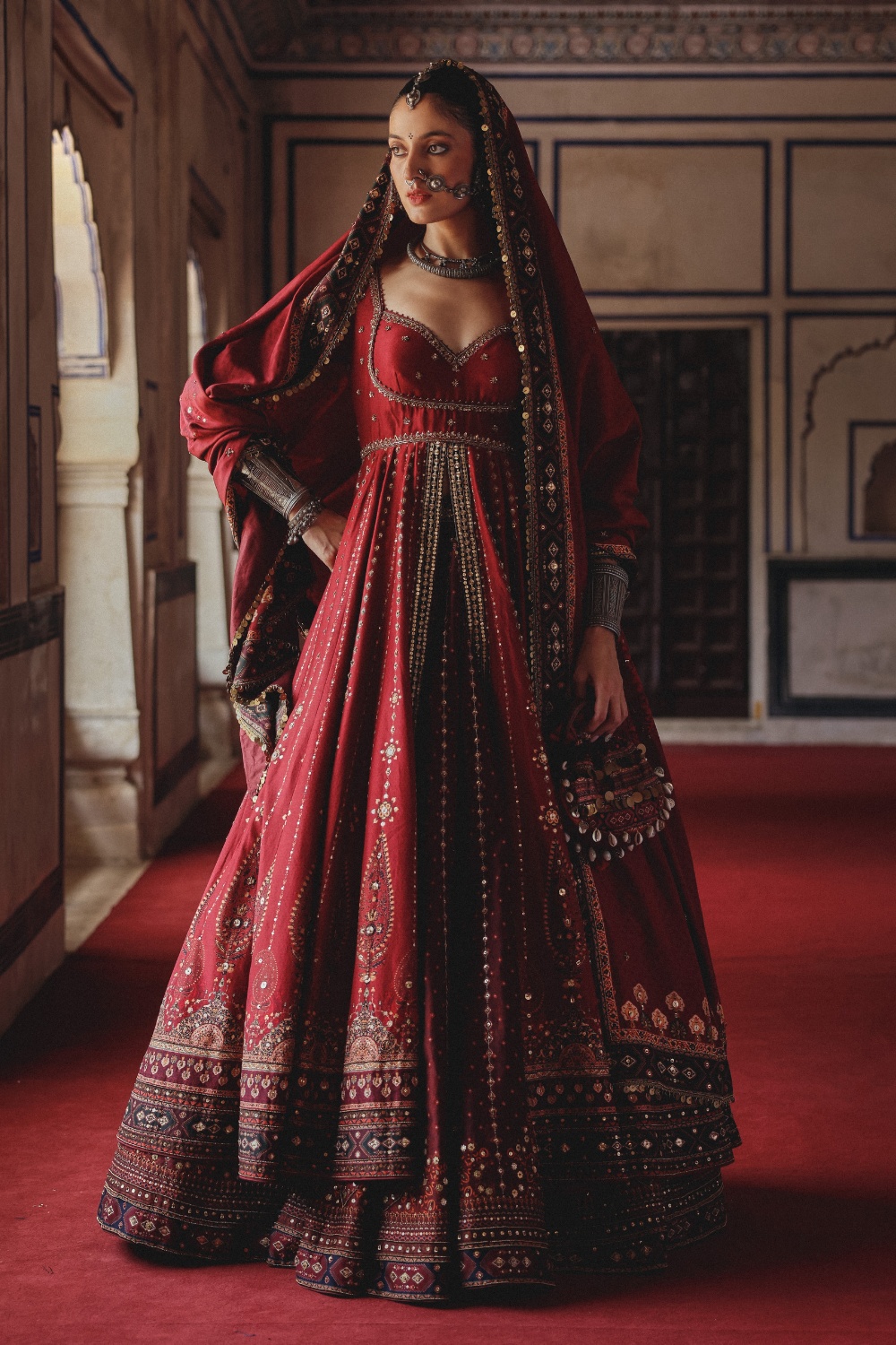 Crimson Red Anarkali Gown with Antique Gold Embellishment and Heritage Dupatta