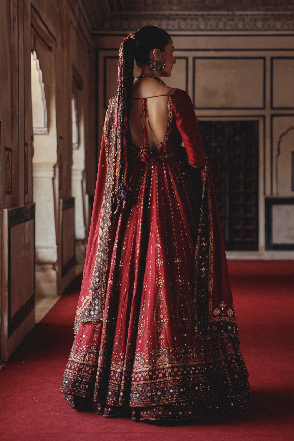 Crimson Red Anarkali Gown with Antique Gold Embellishment and Heritage Dupatta