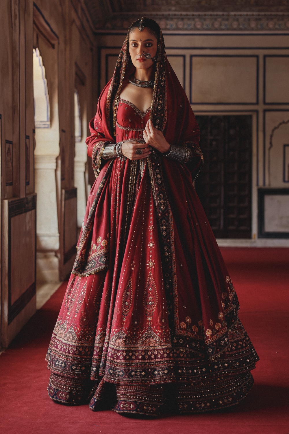 Crimson Red Anarkali Gown with Antique Gold Embellishment and Heritage Dupatta