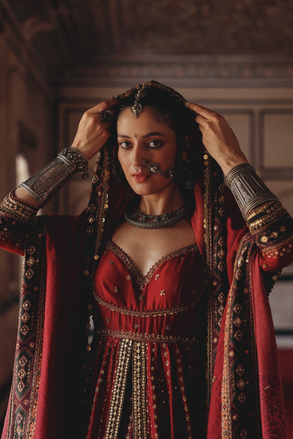 Crimson Red Anarkali Gown with Antique Gold Embellishment and Heritage Dupatta