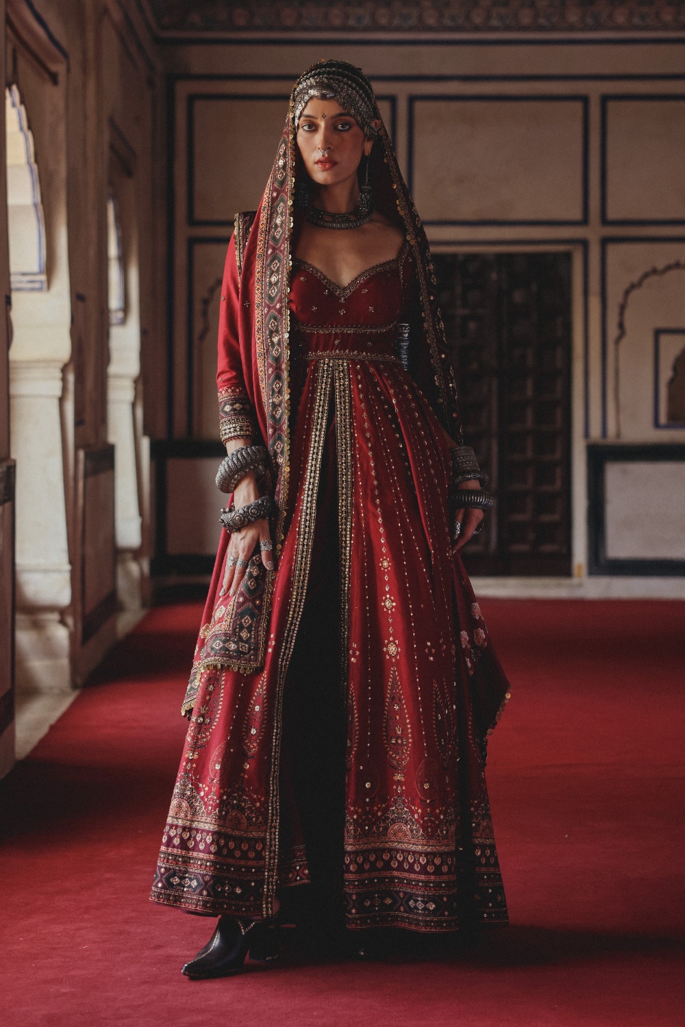 Crimson Red Anarkali Gown with Antique Gold Embellishment and Heritage Dupatta