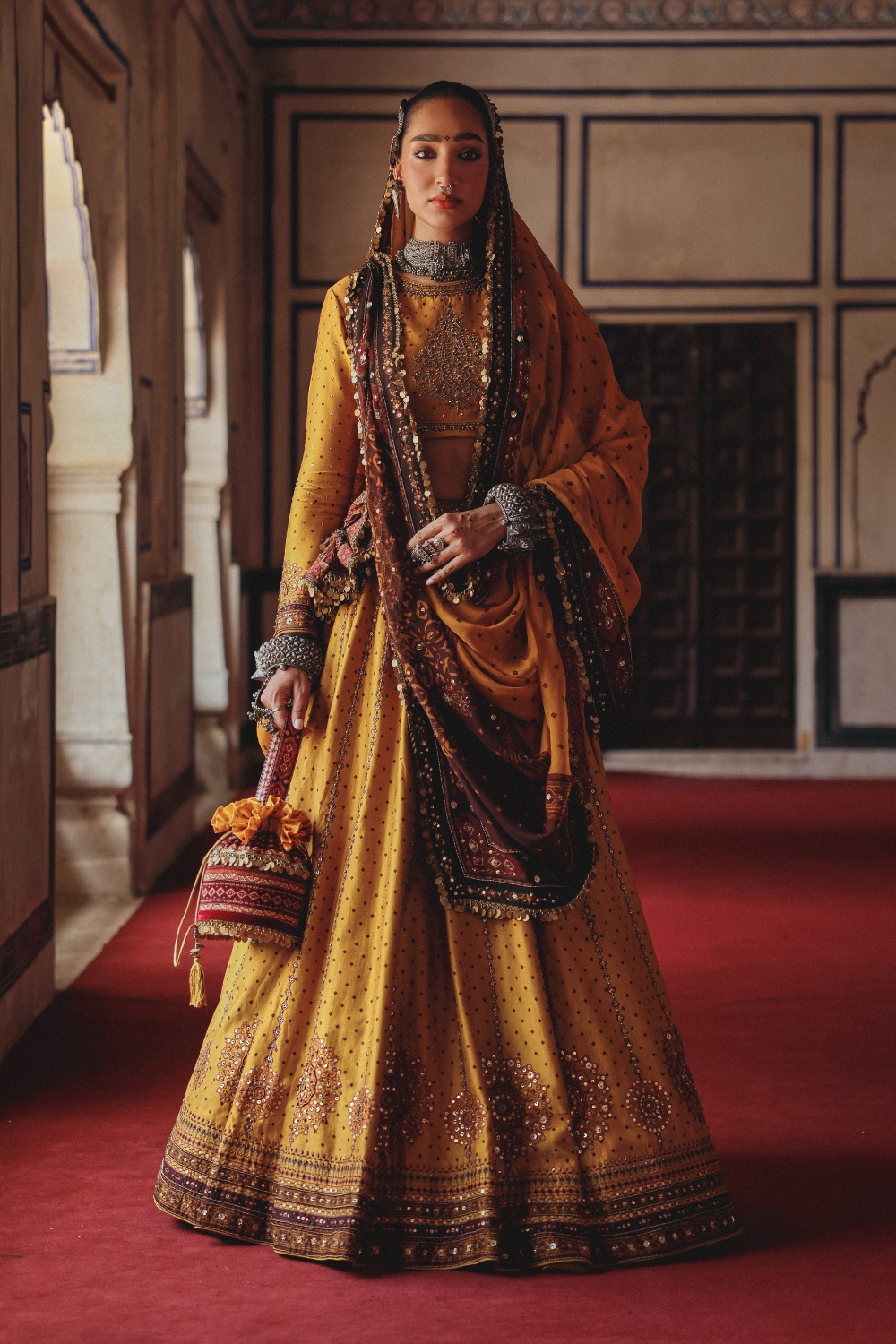 Mustard Gold Lehenga with Antique Mirrorwork and Heritage Embroidered Dupatta