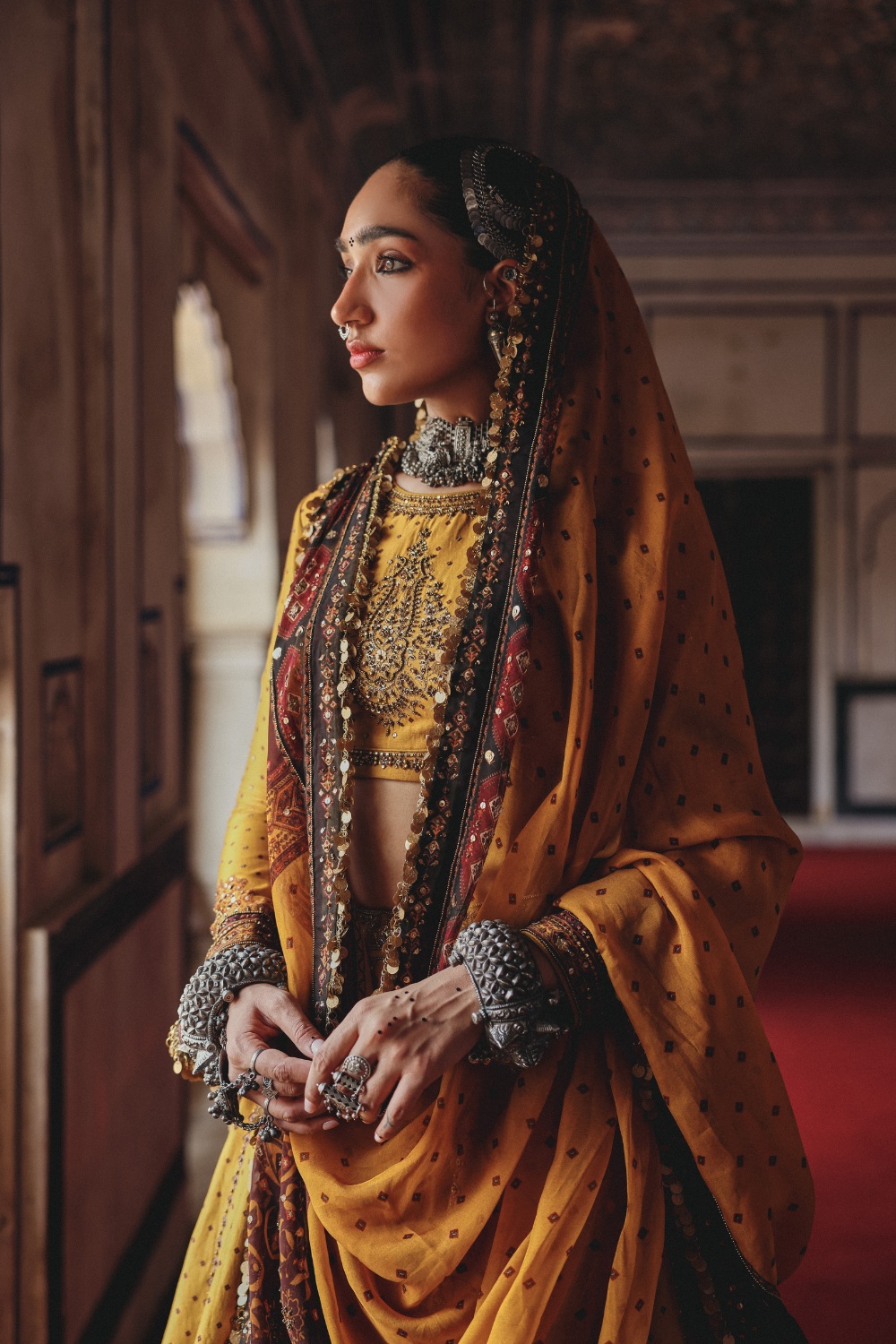 Mustard Gold Lehenga with Antique Mirrorwork and Heritage Embroidered Dupatta