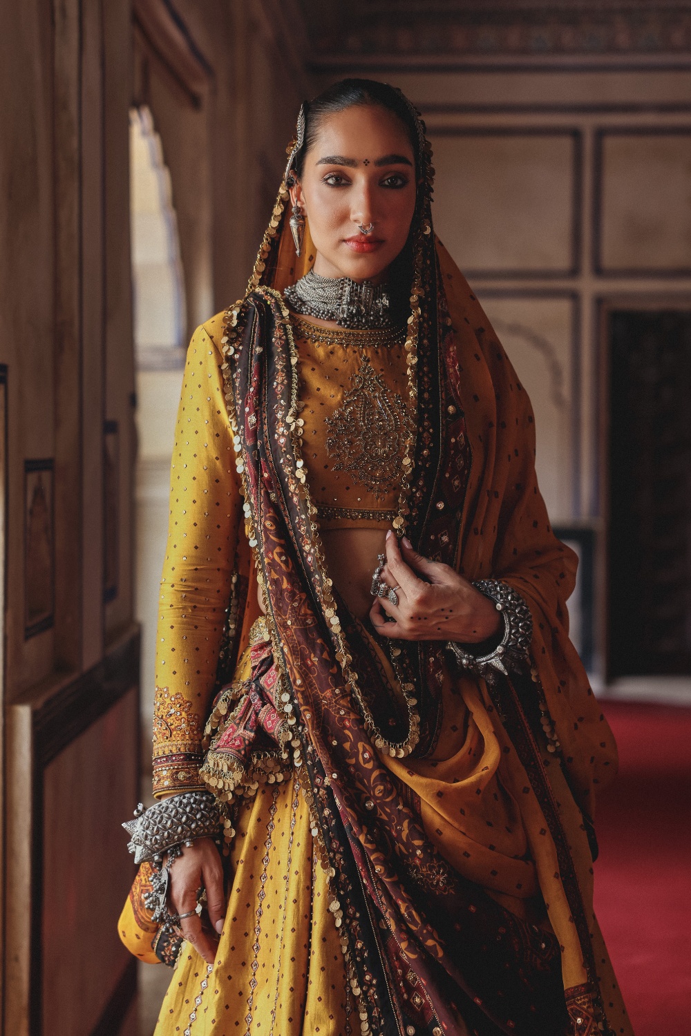 Mustard Gold Lehenga with Antique Mirrorwork and Heritage Embroidered Dupatta