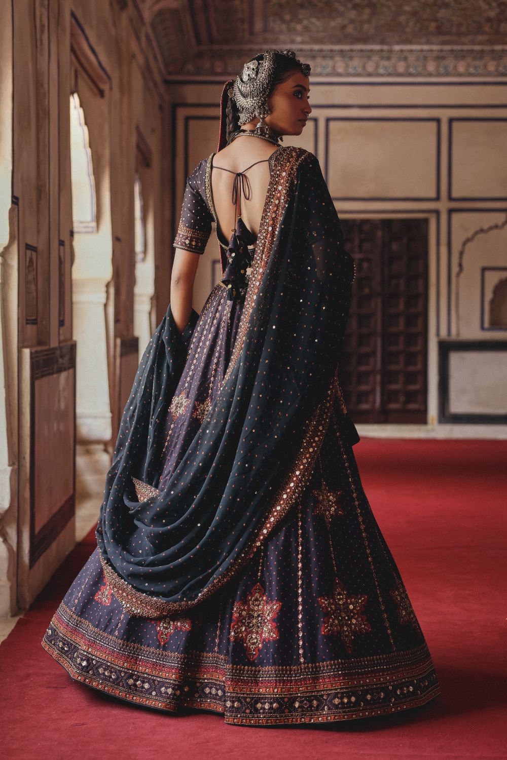 Midnight Indigo Lehenga with Antique Gold Starburst Embellishment and Mirrorwork Dupatta