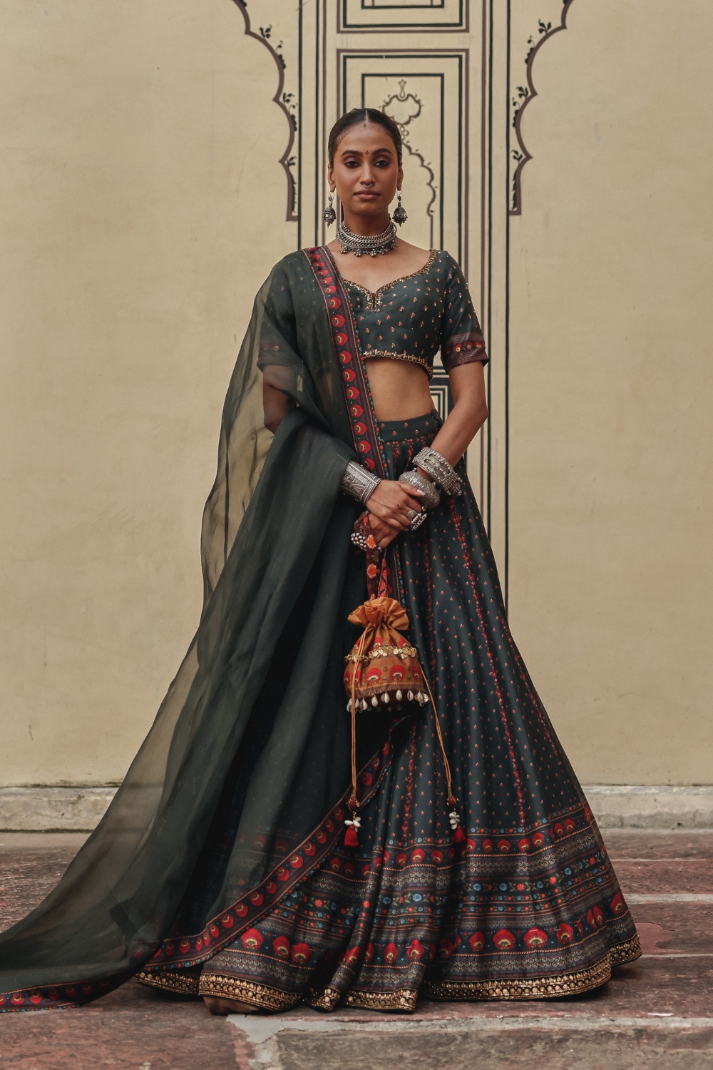 Deep Teal Lehenga with Multicolour Heritage Borders and Organza Dupatta