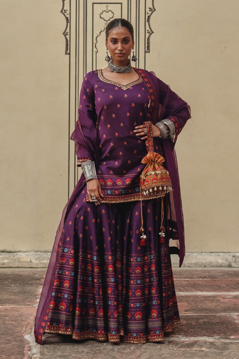 Amethyst Purple Gharara Set with Multicolour Heritage Motifs and Organza Dupatta