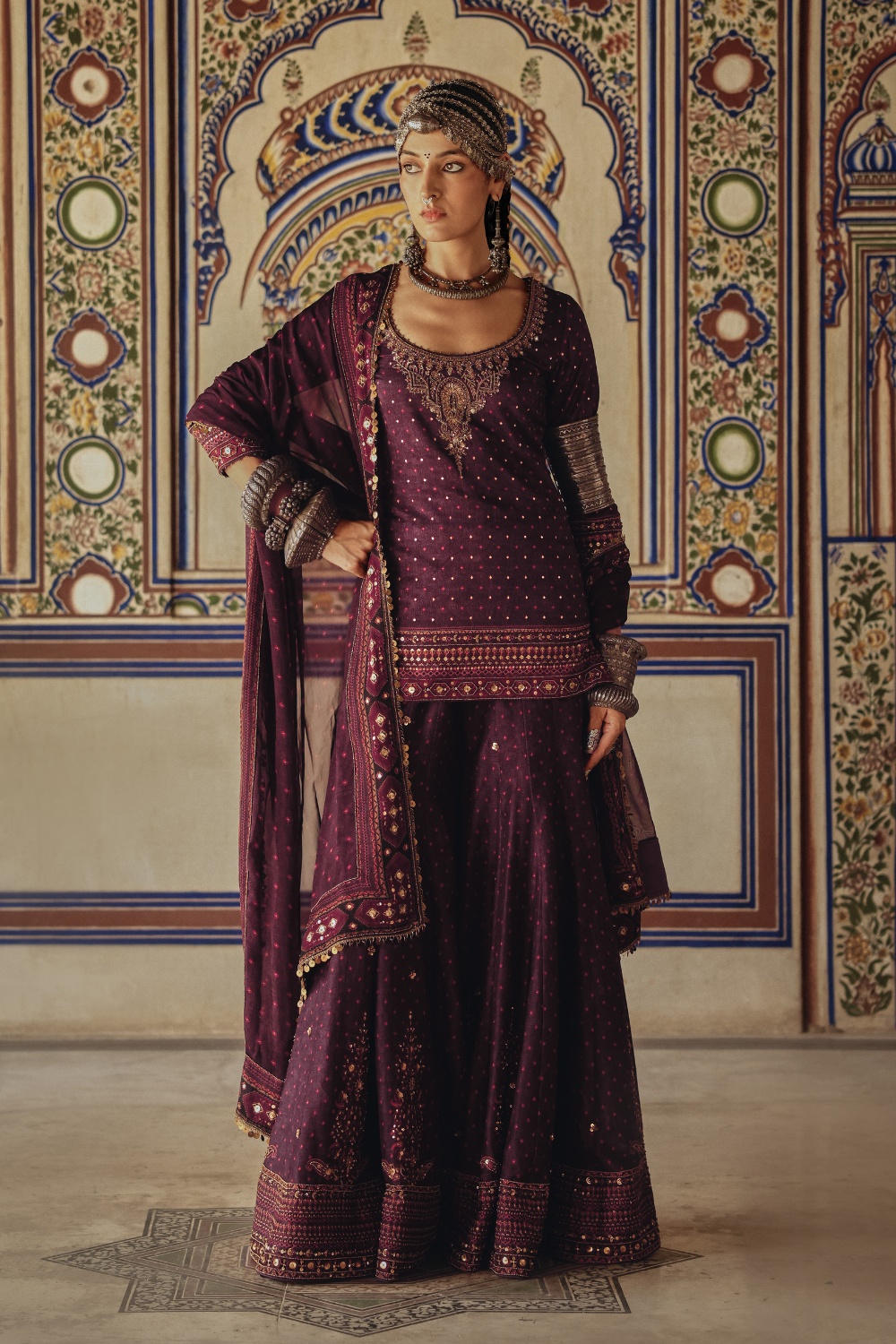 Deep Plum Gharara Set with Antique Gold Embroidery and Heritage Dupatta
