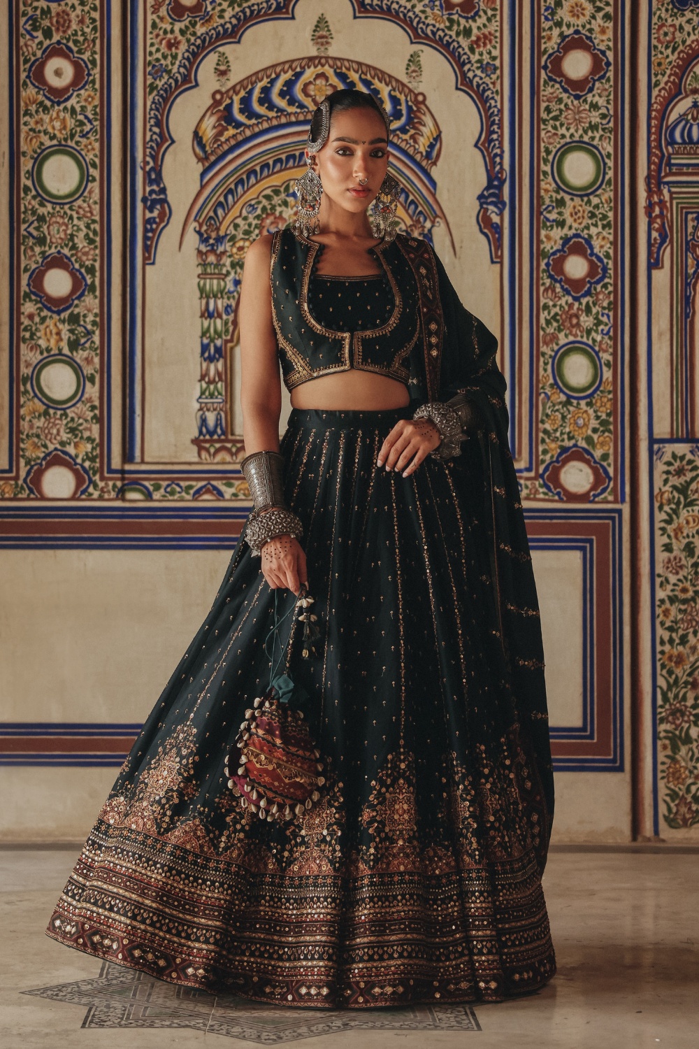 Deep Teal Lehenga with Antique Gold Floral Embroidery and Embellished Jacket Blouse