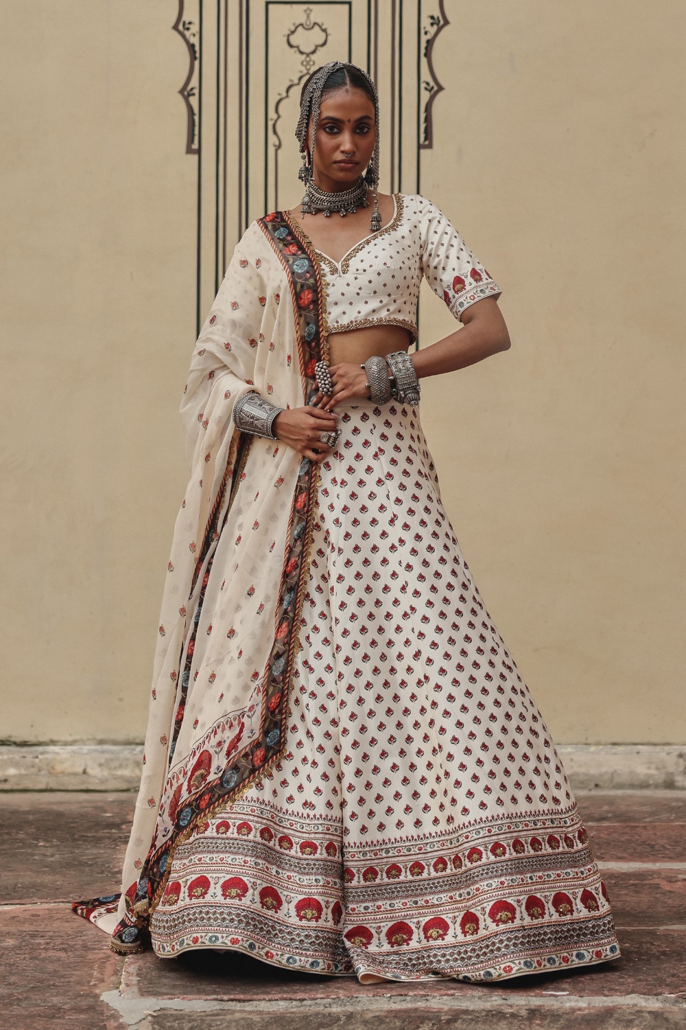 Ivory Lehenga with Floral Buti Print and Heritage Border Dupatta