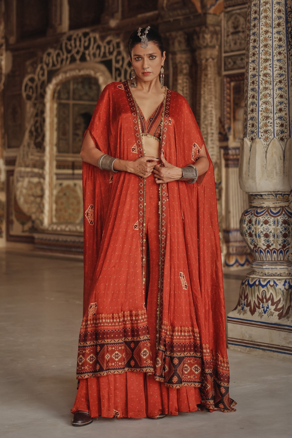Burnt Vermilion Cape Sharara Set with Heritage Borders and Mirror Accents