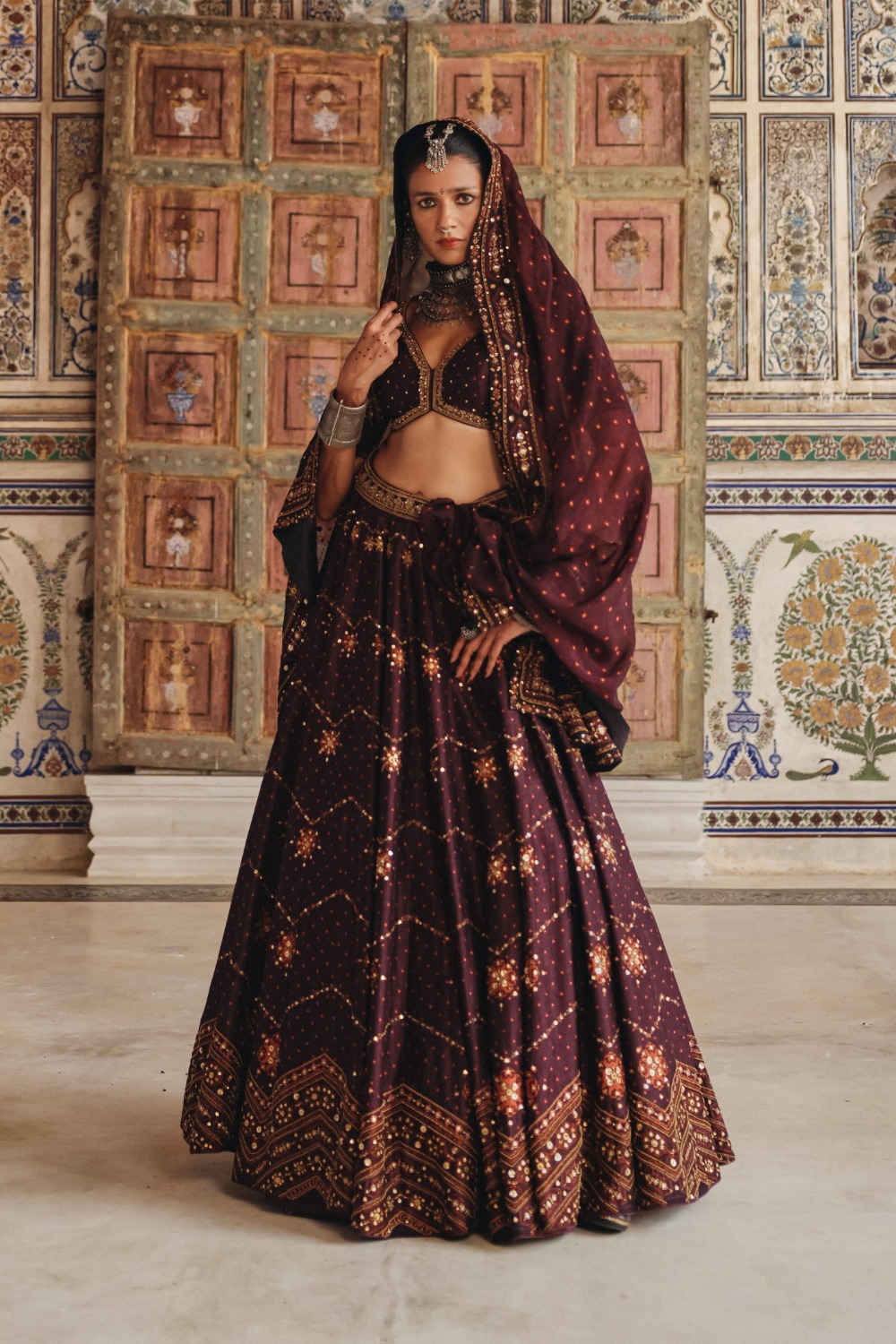 Deep Plum Lehenga with Geometric Mirror Embellishments and Embroidered Dupatta