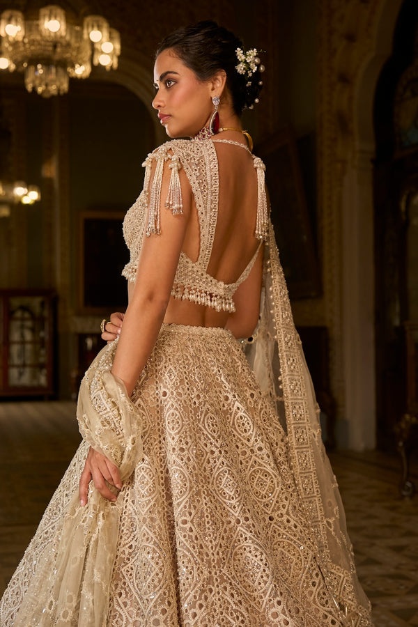 Ivory Bridal Lehenga with Pearl Embroidery and Geometric Handcrafted Detailing