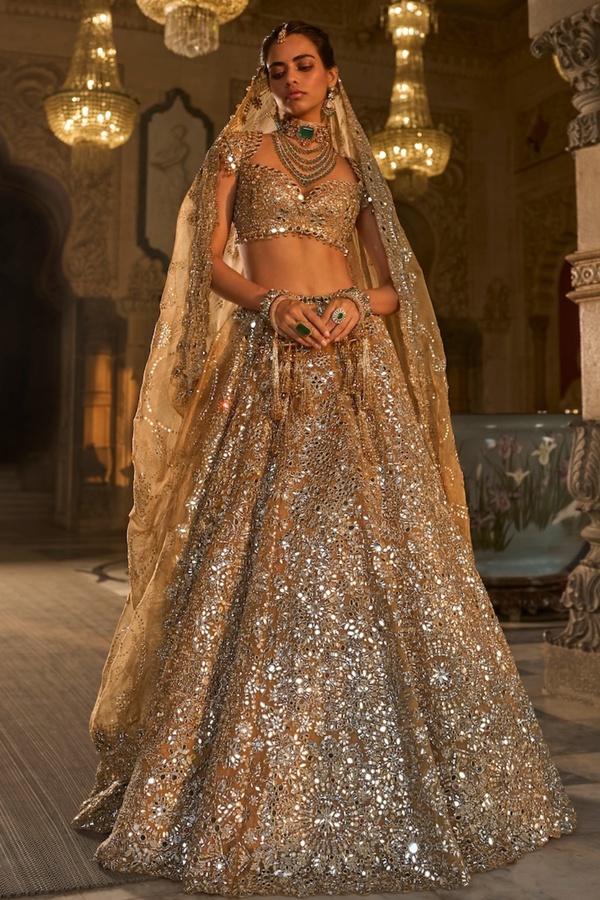 Champagne Gold Bridal Lehenga with Mirrorwork, Crystal Embellishments and Sequin Embroidery