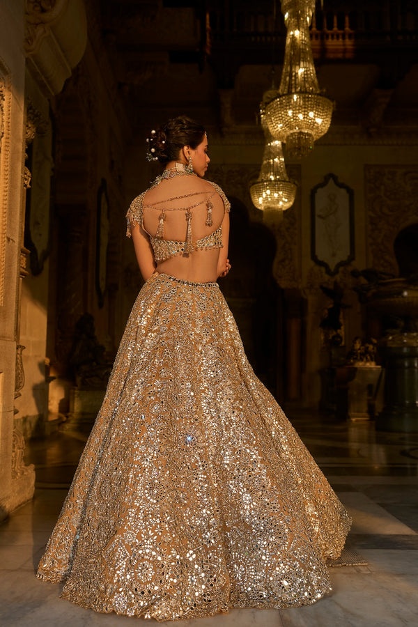 Champagne Gold Bridal Lehenga with Mirrorwork, Crystal Embellishments and Sequin Embroidery