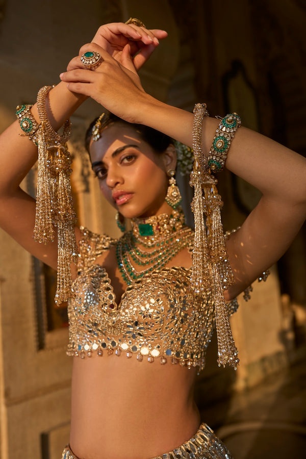 Champagne Gold Bridal Lehenga with Mirrorwork, Crystal Embellishments and Sequin Embroidery