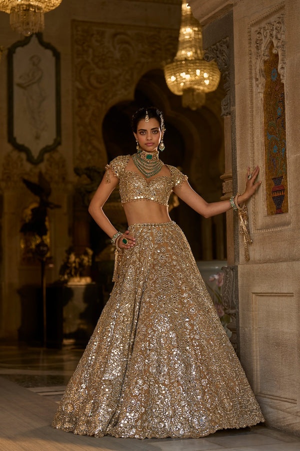 Champagne Gold Bridal Lehenga with Mirrorwork, Crystal Embellishments and Sequin Embroidery