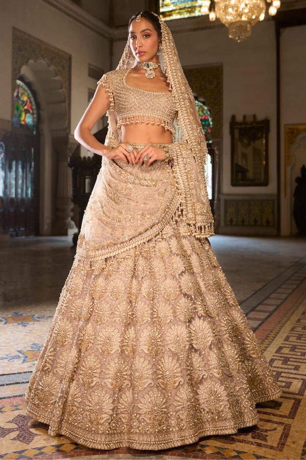 Champagne Gold Bridal Lehenga with Pearl Tassel Blouse and Ornate Floral Embroidery