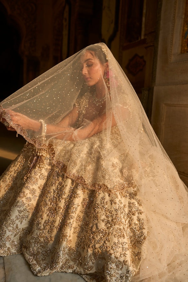 Ivory Bridal Lehenga with Silver Floral Embroidery and Pearl Tassel Blouse